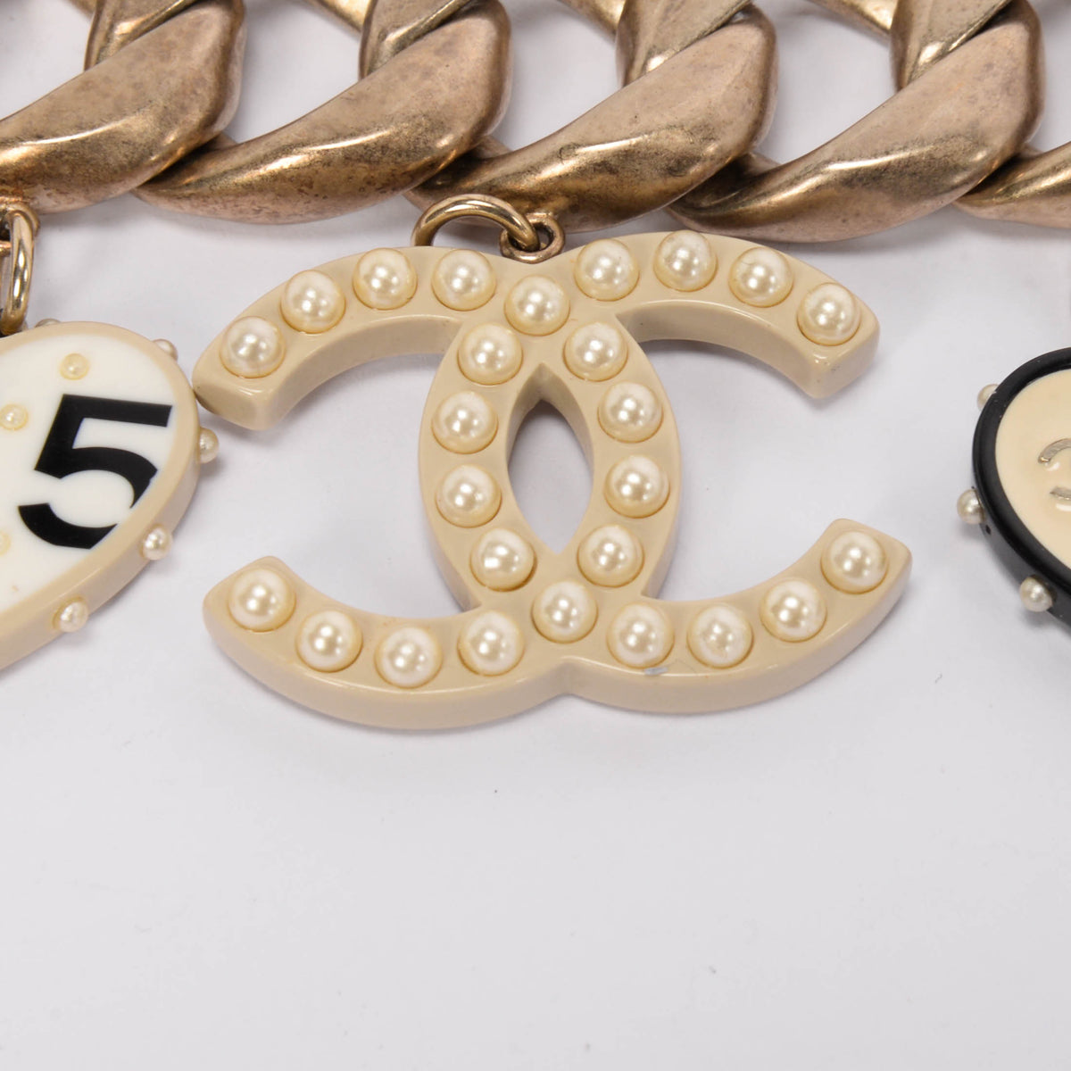 Chanel Light Gold Enamel & Pearl CC Motif Bracelet