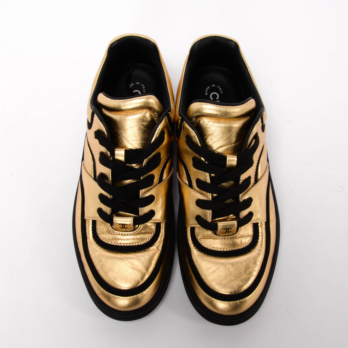 Chanel Gold Metallic Lambskin CC Logo Sneakers 40