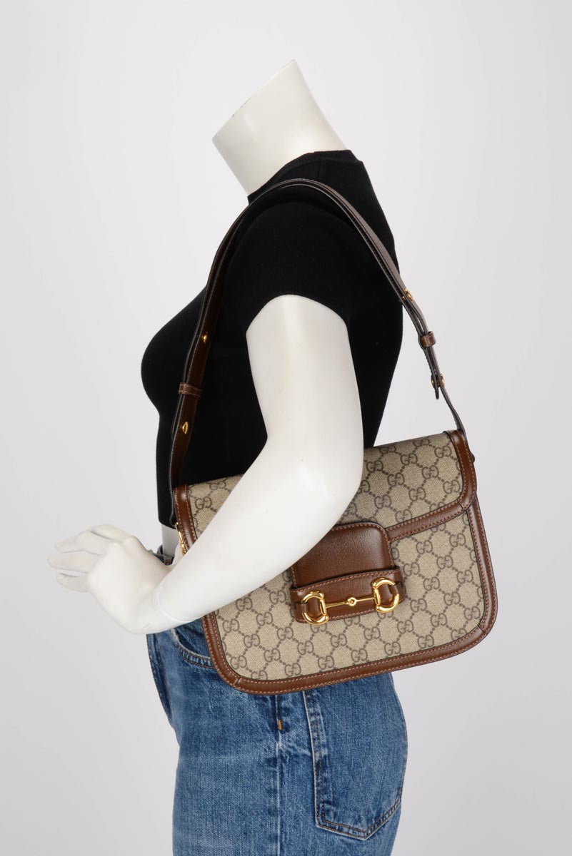 Gucci Tan Leather & GG Supreme Medium Horsebit 1955 Bag