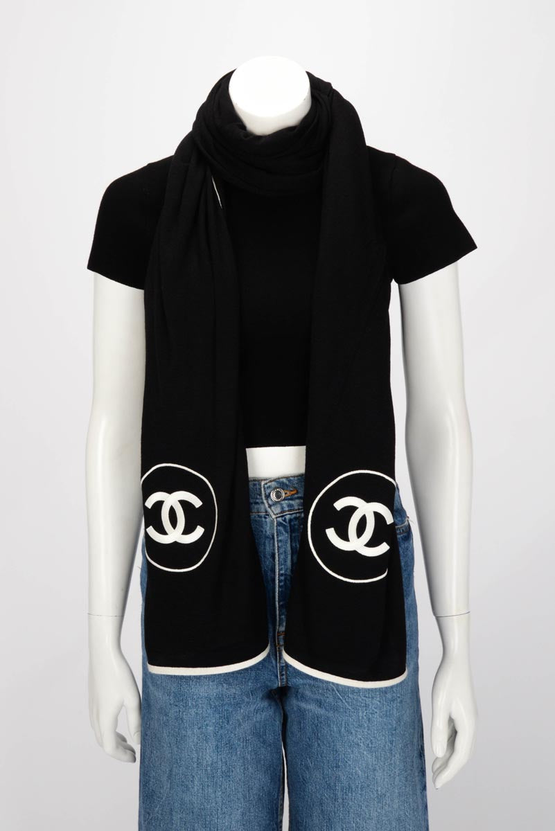Chanel Black & Ivory Cashmere & Silk CC Shawl