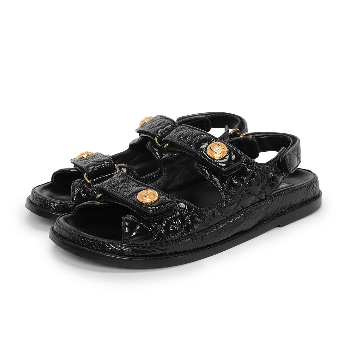 Chanel Black Crinkled Patent Dad Sandals 41.5