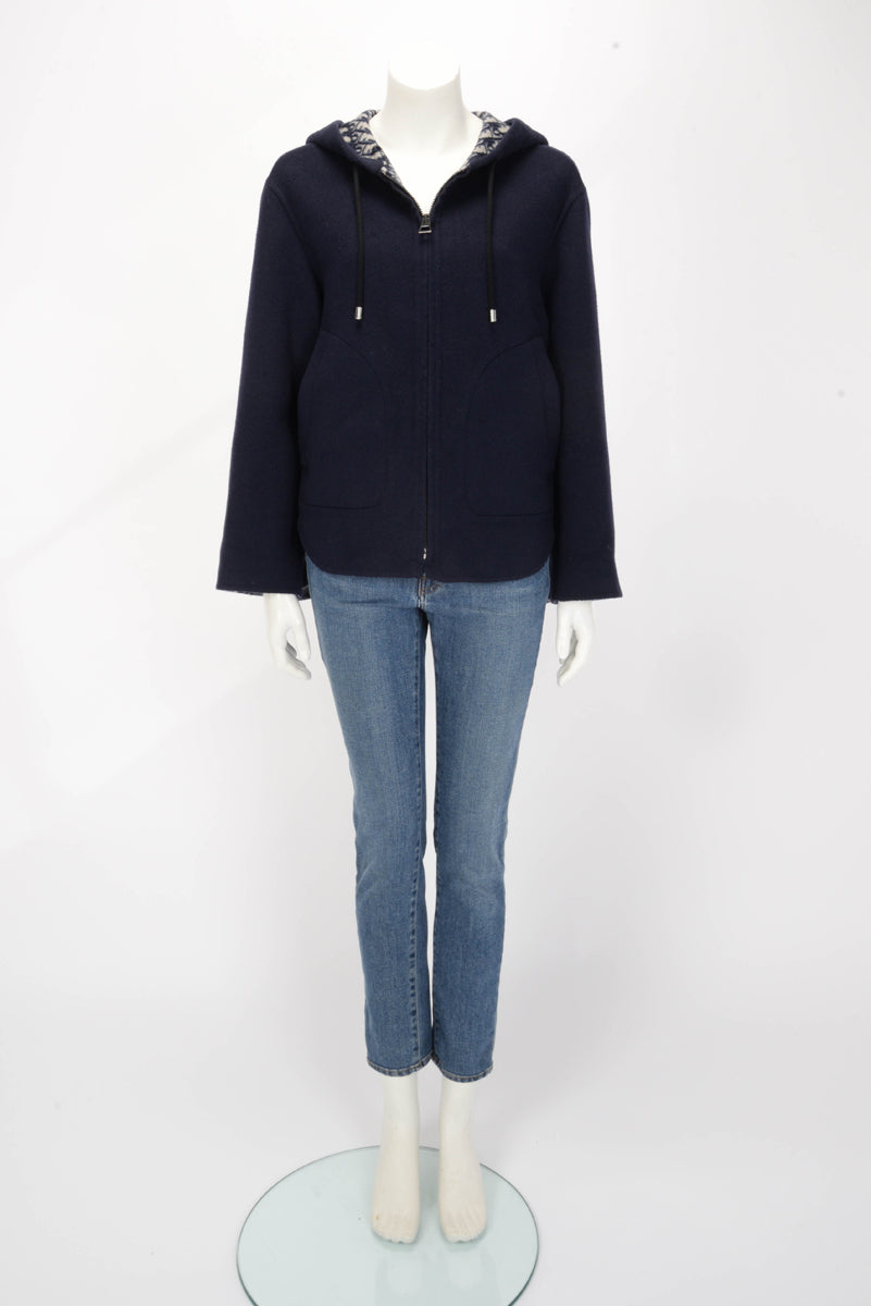 Dior Navy Wool Oblique Lined Hooded Zip Jacket FR 38