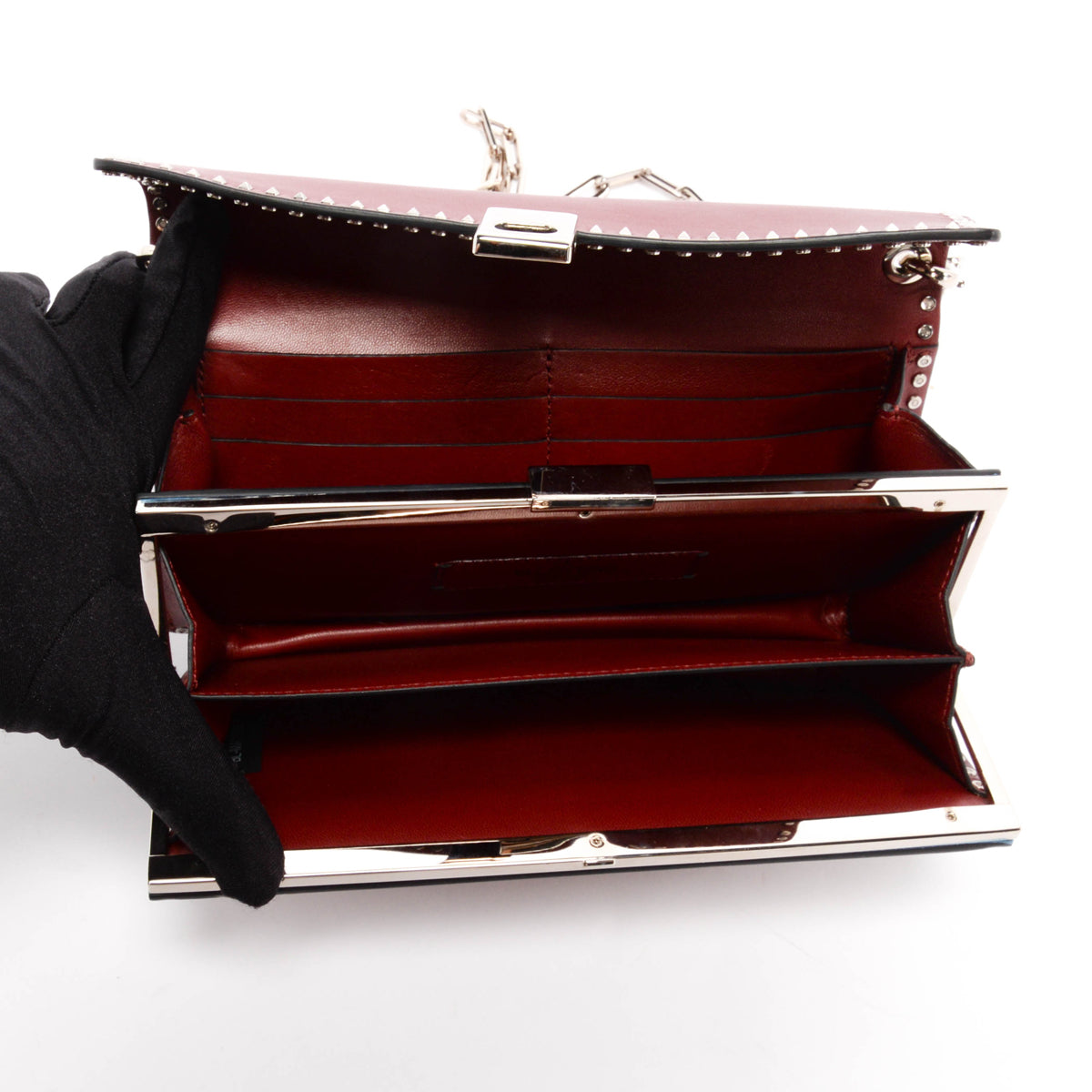 Valentino Burgundy Calfskin Mini Rockstud Chain Clutch