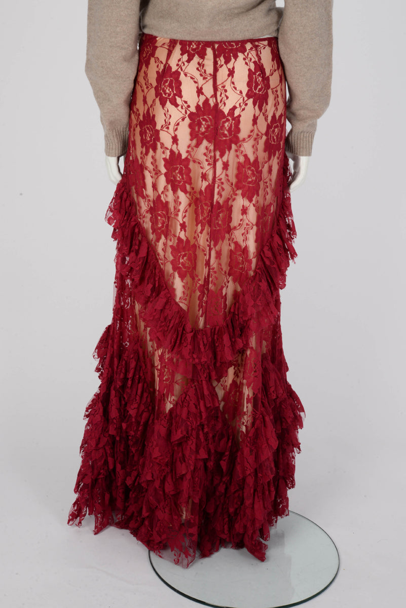 Galliano Scarlet Red Lace Maxi Split Skirt IT 40