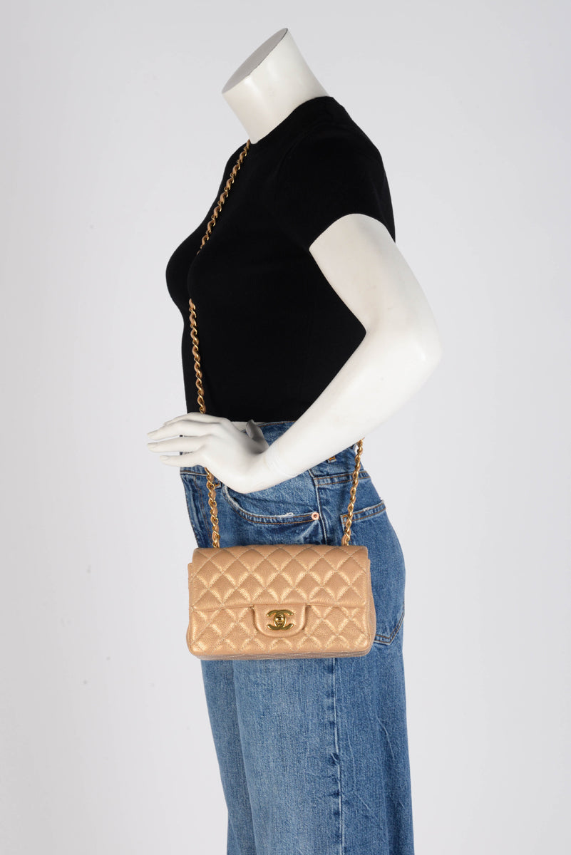 Chanel Pearly Gold Caviar Mini Rectangular Flap Bag