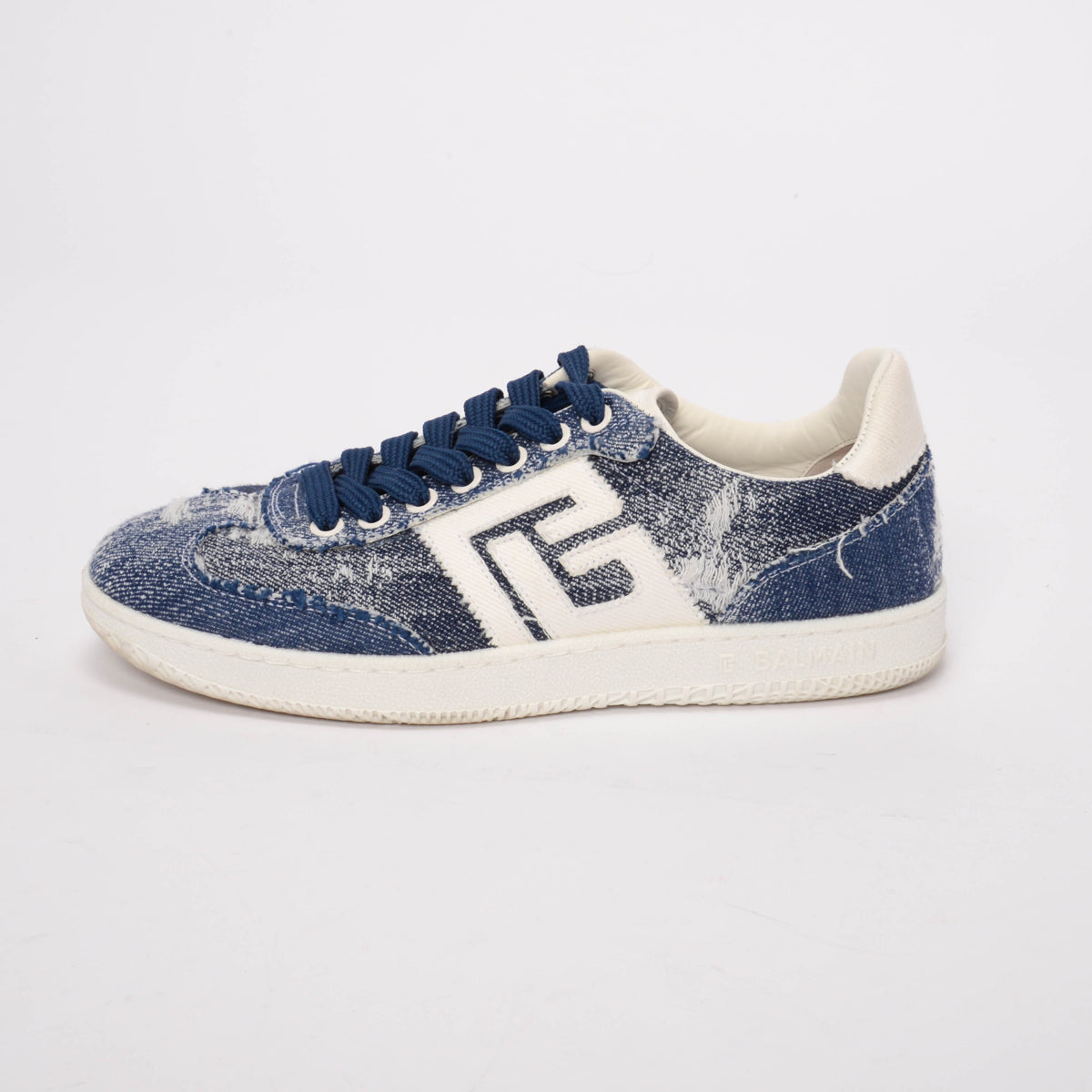 Balmain Blue Frayed Denim Logo Sneakers 38