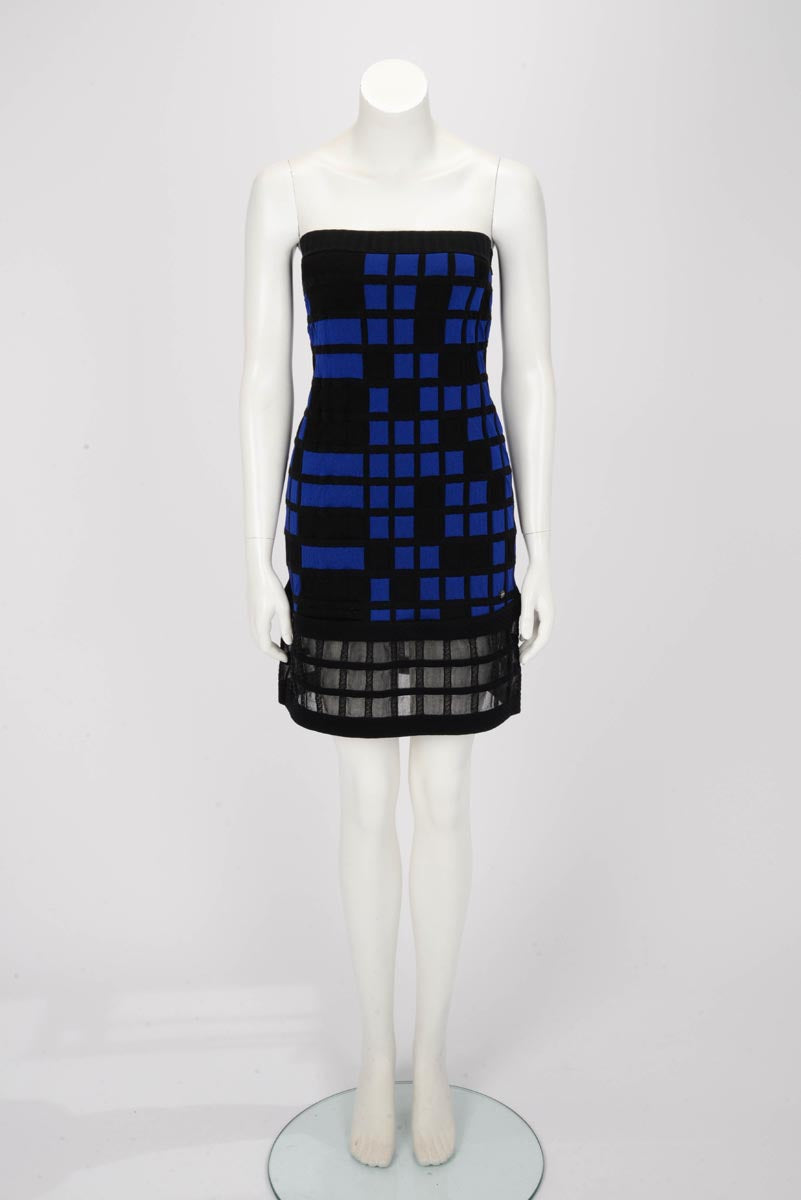 Chanel Black & Blue Check Intarsia Strapless Dress FR 38