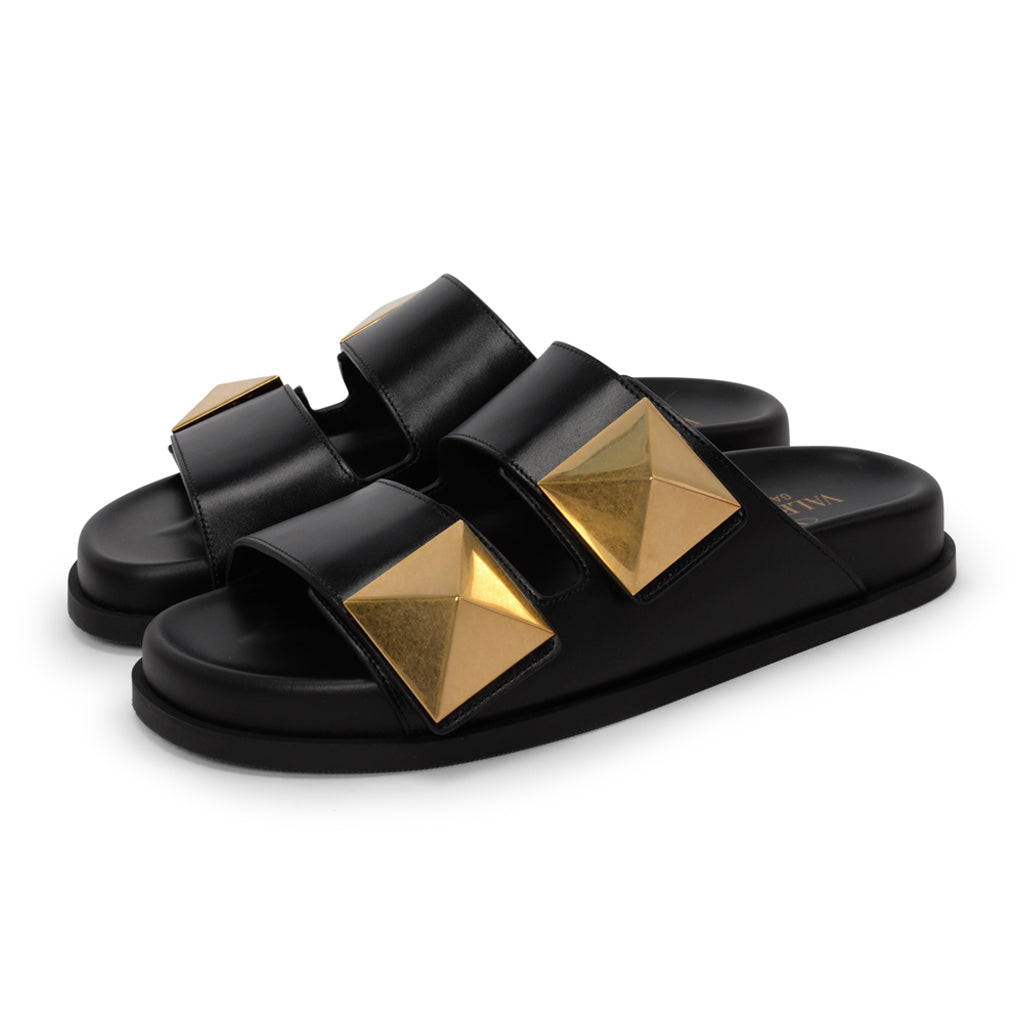 Valentino Black Calfskin One Stud Slides 36