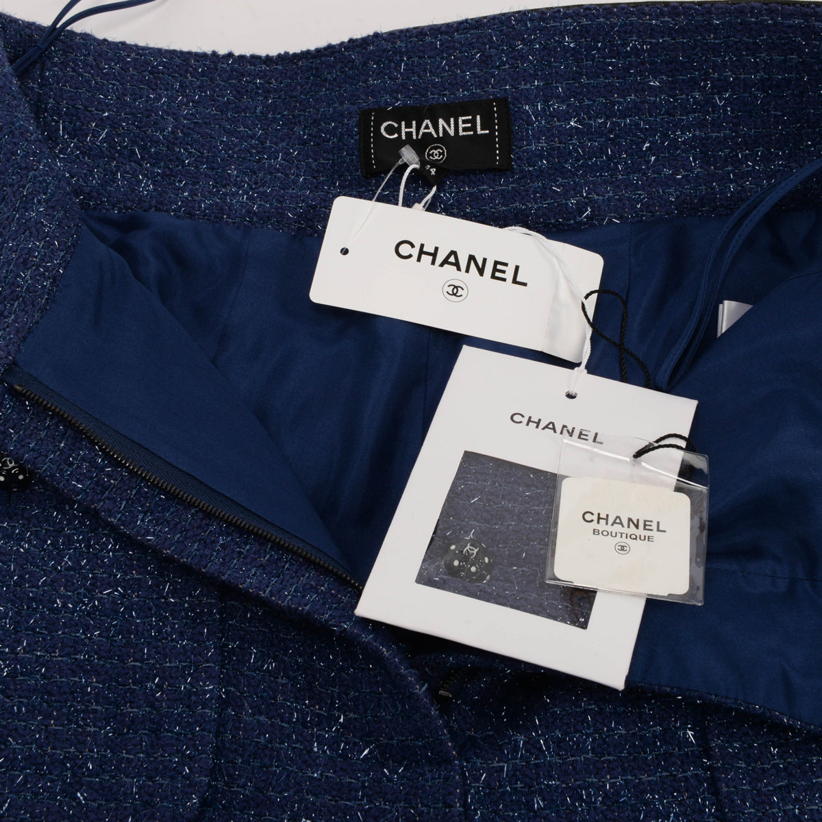 Chanel Blue Glitter Tweed & Leather Wide Leg Pants FR 34