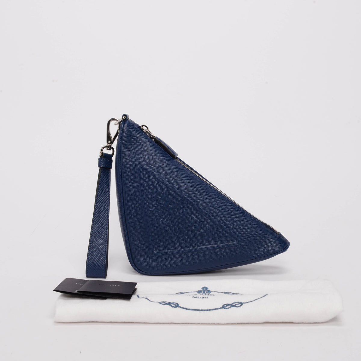 Prada Blue Saffiano Prada Triangle Wristlet