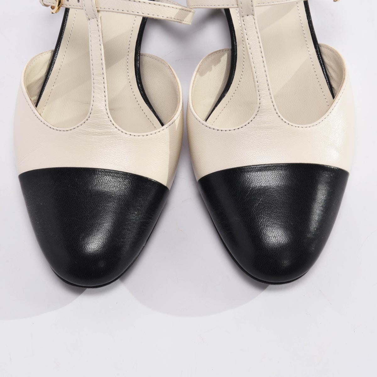 Ferragamo White & Black Goatskin Linette Cap Toe Mary Janes 6