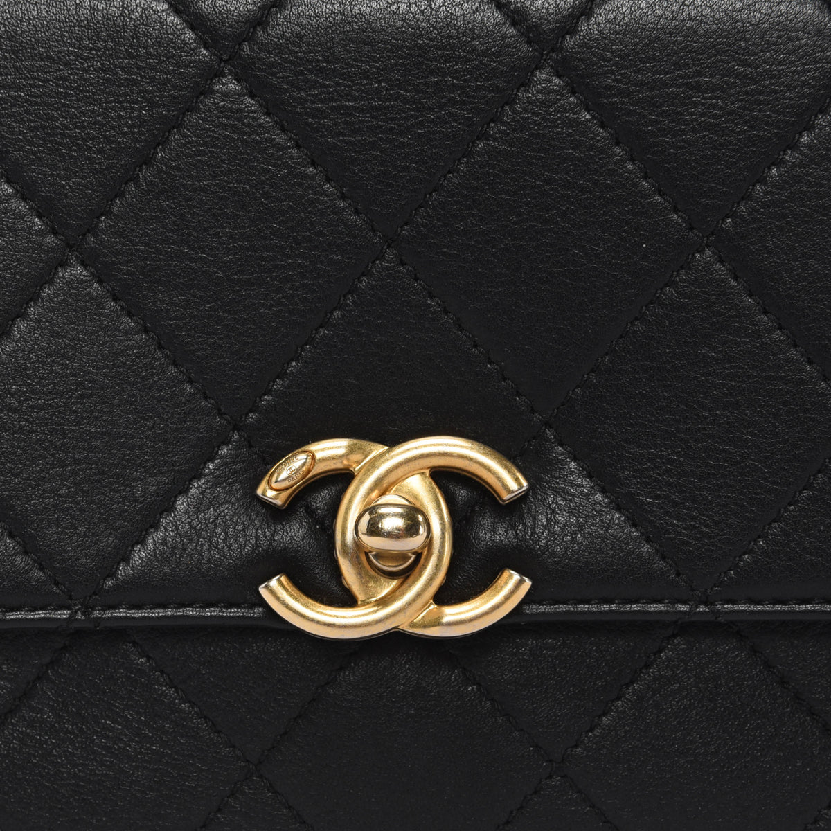 Chanel Black Calfskin Pearl Logo Top Handle Flap Bag