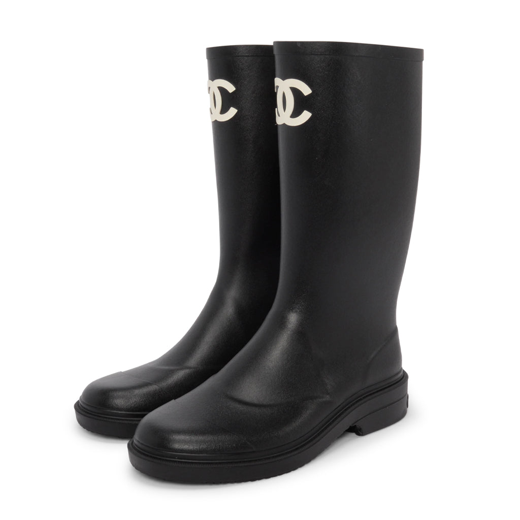 Chanel Black Rubber CC Rain Boots 40