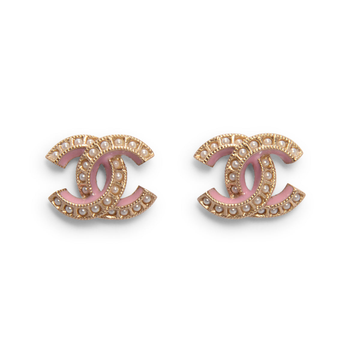 Chanel Pink & Gold Pearl CC Stud Earrings