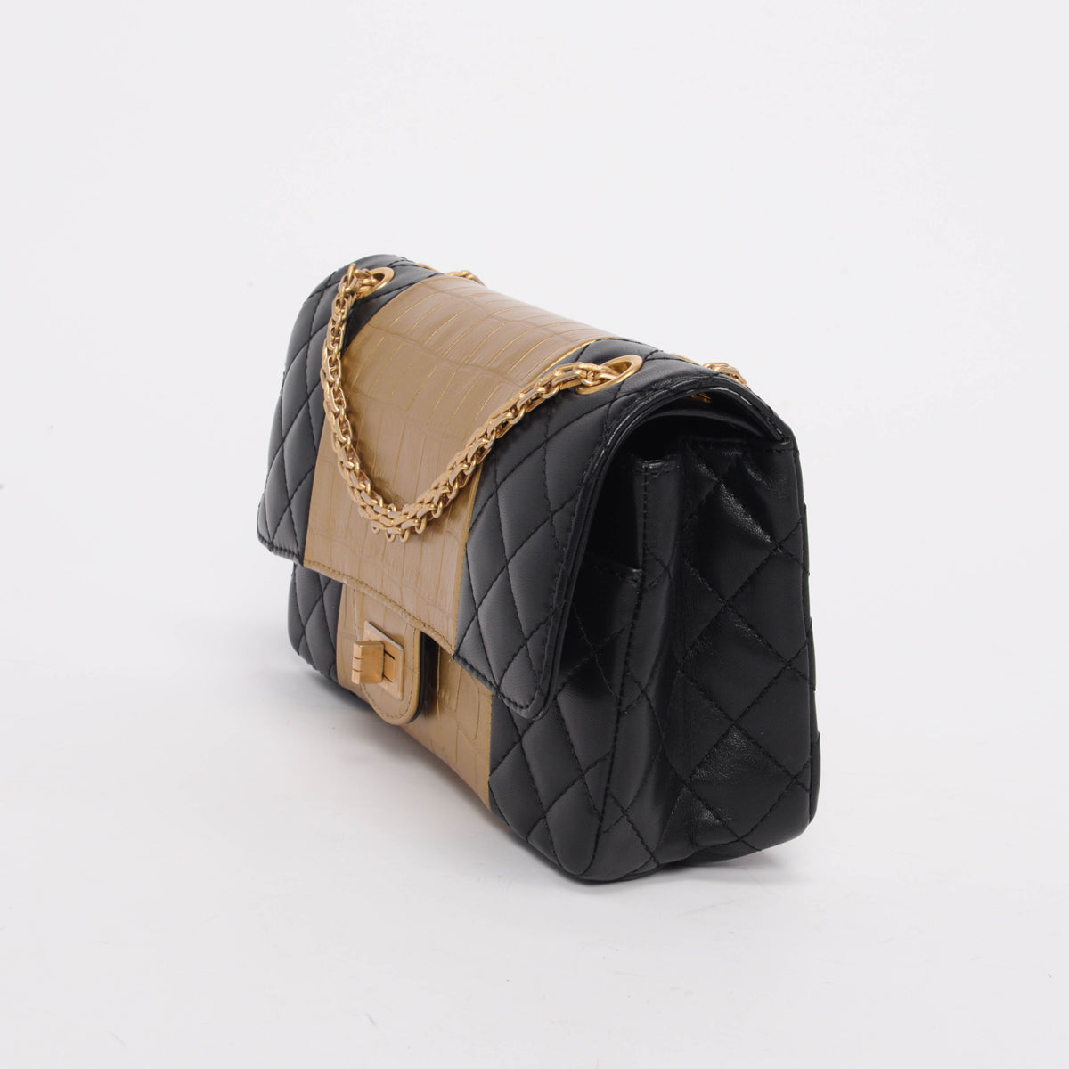 Chanel Black Lambskin Croc Embossed 2.55 Reissue 225 Flap Bag