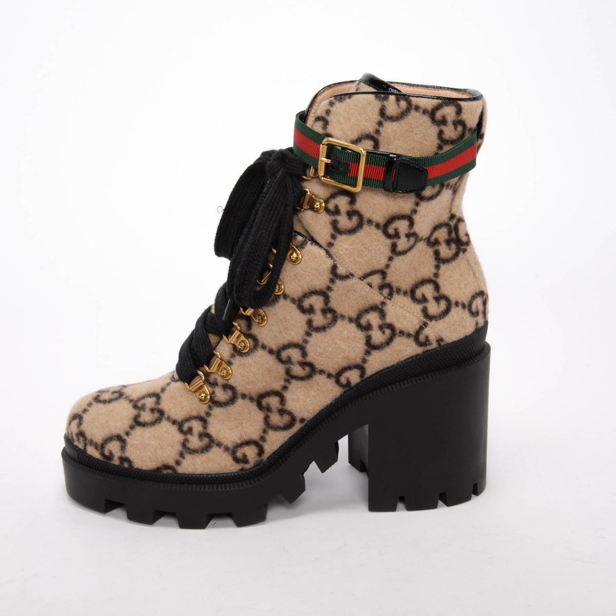 Gucci Beige Wool GG Lace Up Combat Boots 41