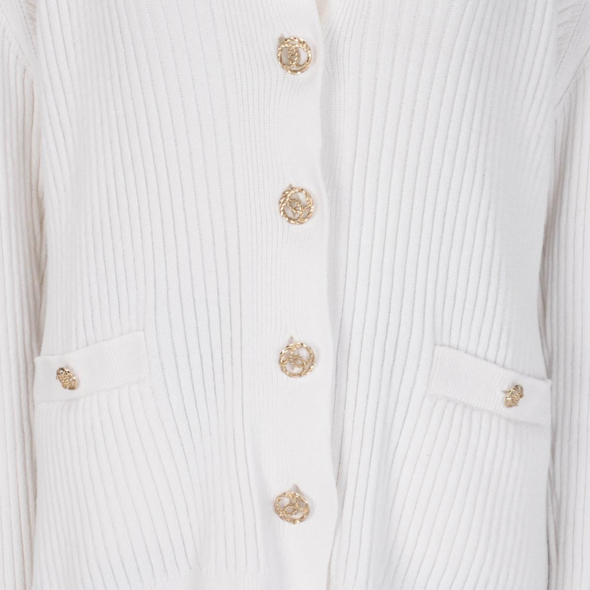 Chanel White Ribbed Cotton CC Long Cardigan FR 50