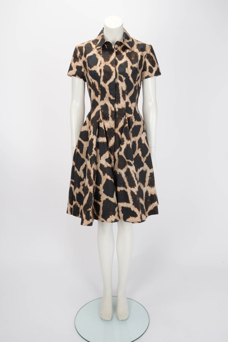 Giambattista Valli Beige Leopard Print Pleated Midi Shirt Dress IT 42