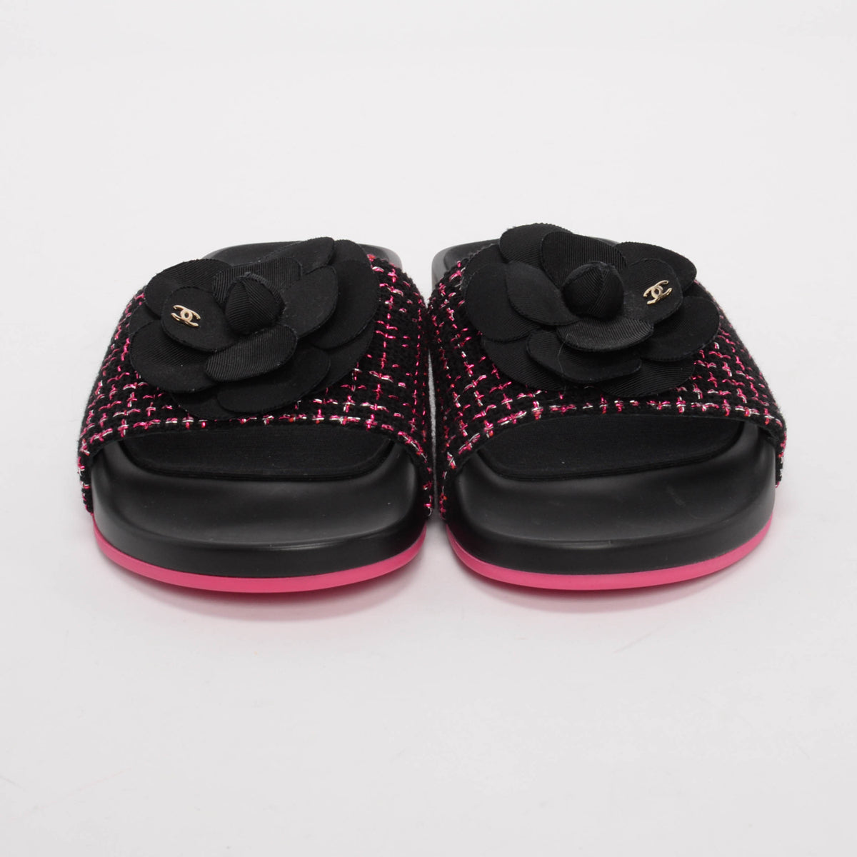 Chanel Black & Pink Tweed Camellia Slides 37