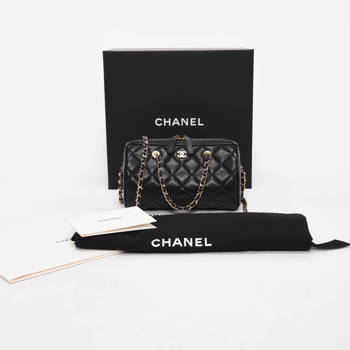 Chanel Black Quilted Caviar Mini Bowling Bag with Chain
