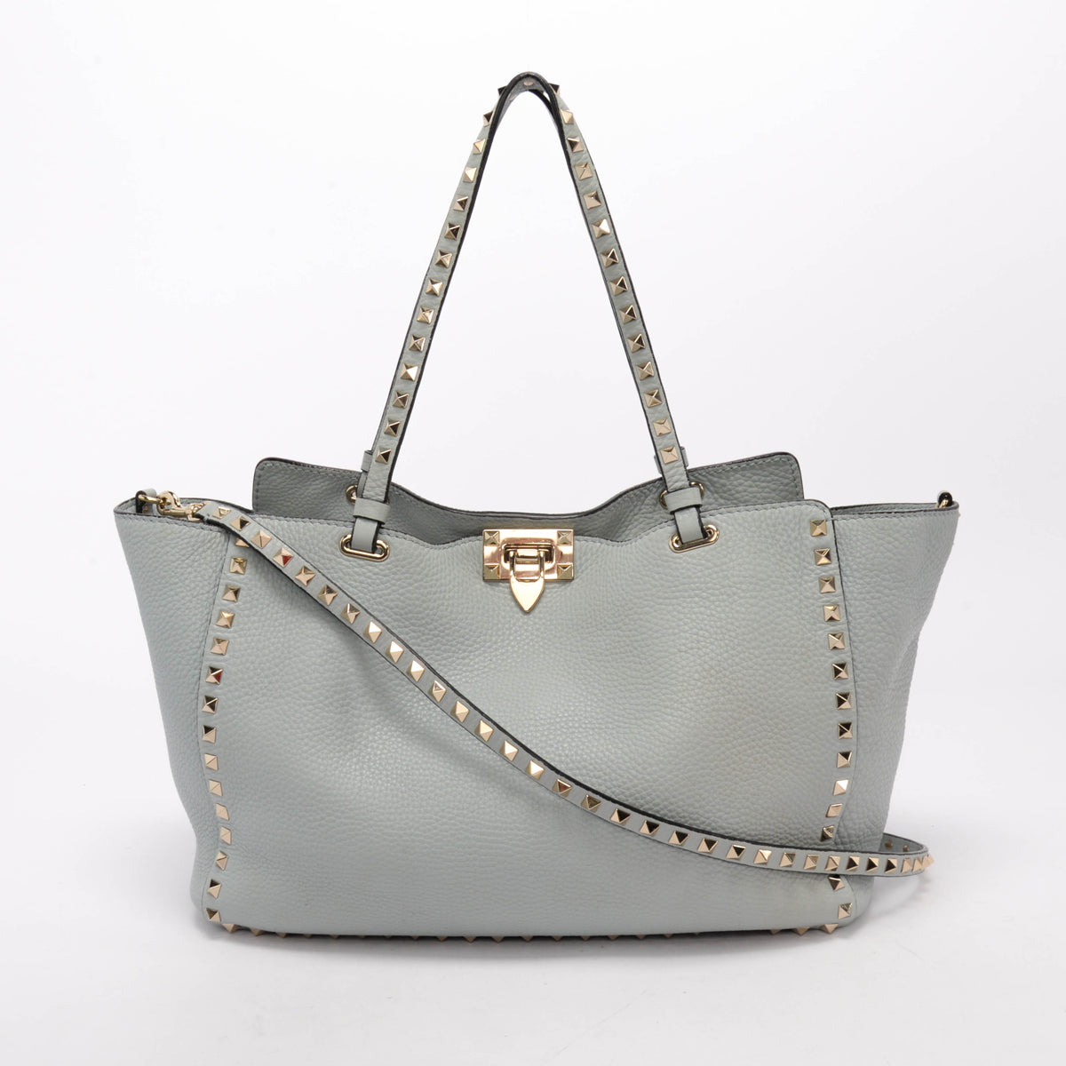 Valentino Pale Blue Grained Calfskin Medium Rockstud Trapeze Tote