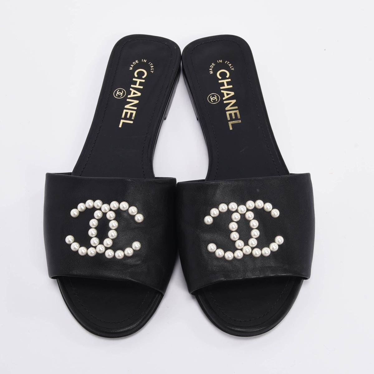 Chanel Black Lambskin CC Pearl Slides 38.5