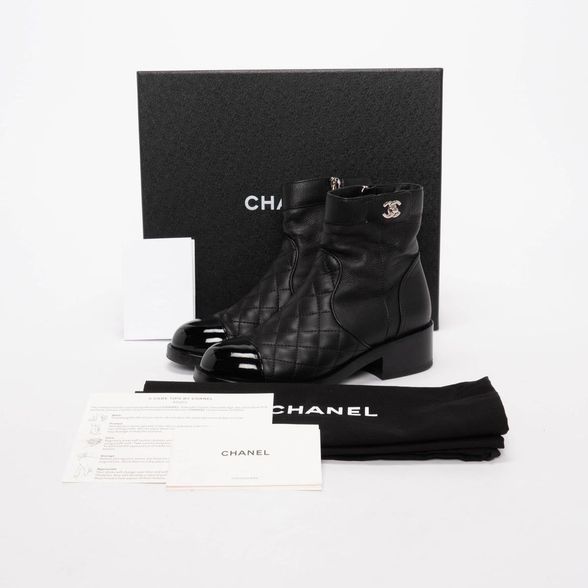 Chanel Black Calfskin & Patent Cap Toe Ankle Boots 36