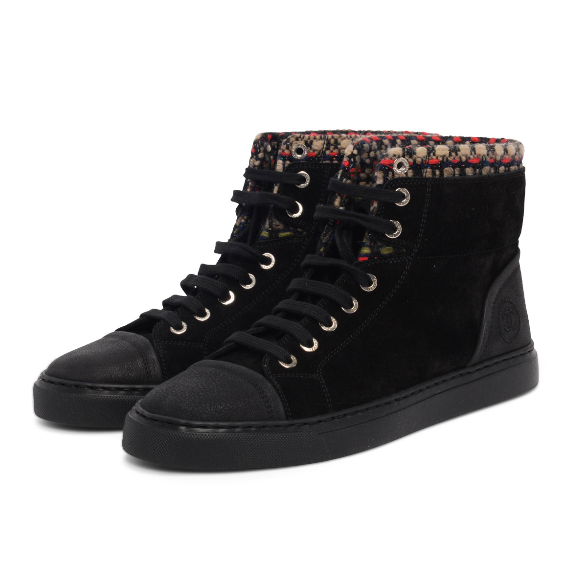 Chanel Black Suede Tweed Trim High-Top Sneakers 38