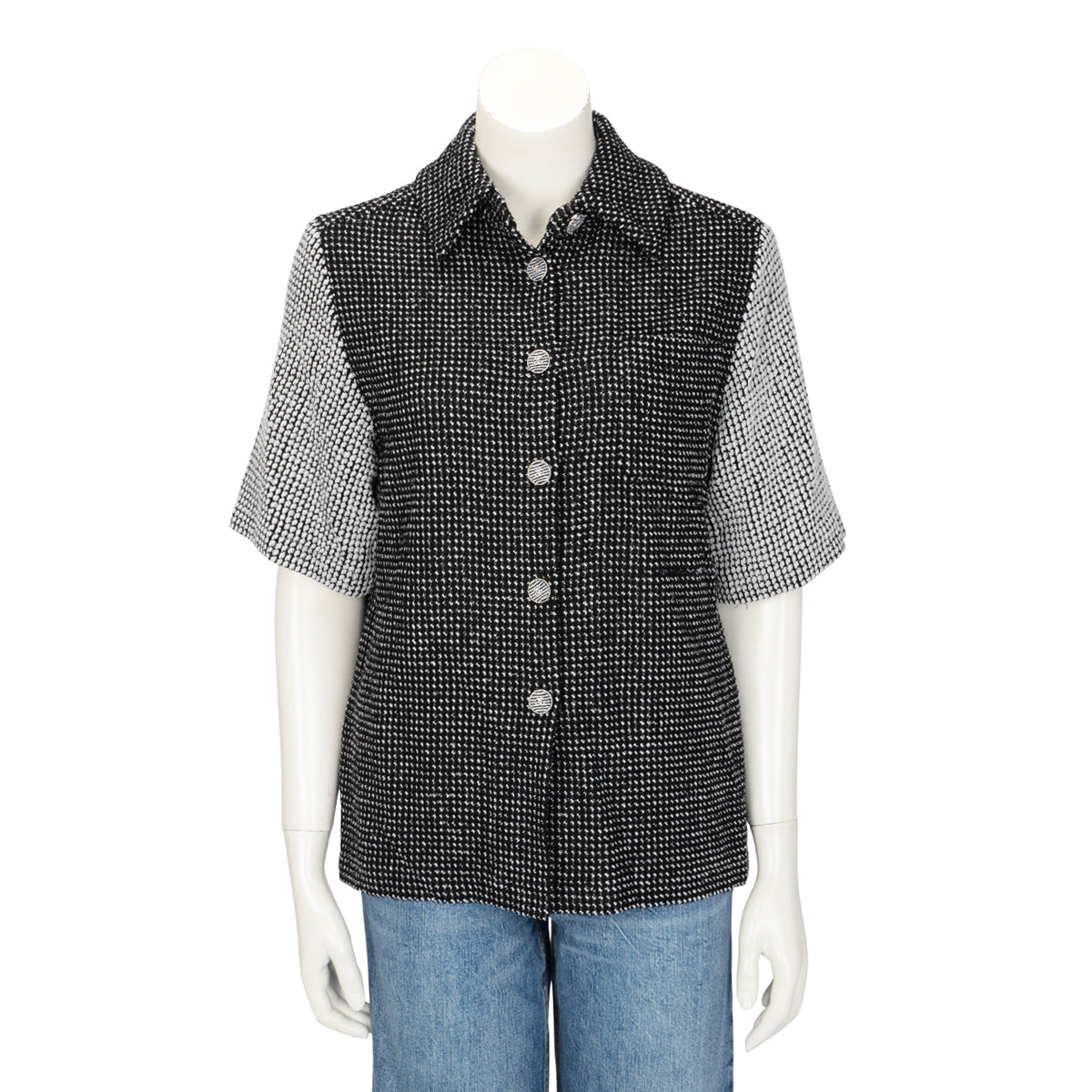 Chanel Black & White Tweed Short Sleeve Blouse FR 36