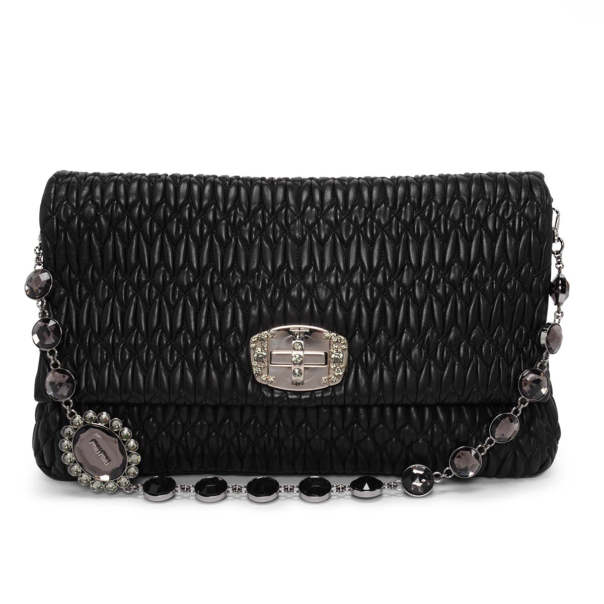 Miu Miu Black Matelasse Nappa Large Crystal Convertible Clutch
