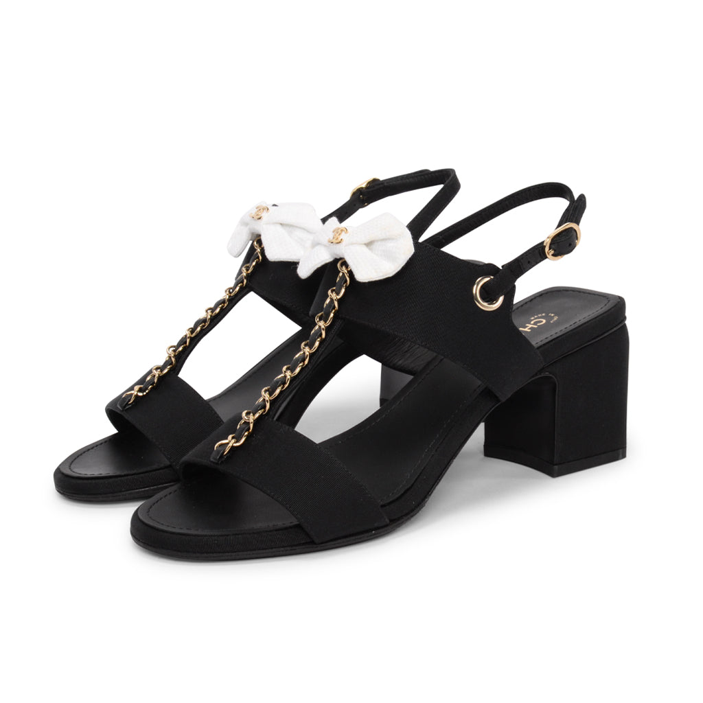 Chanel Black Grosgrain Bow CC Sandals 39