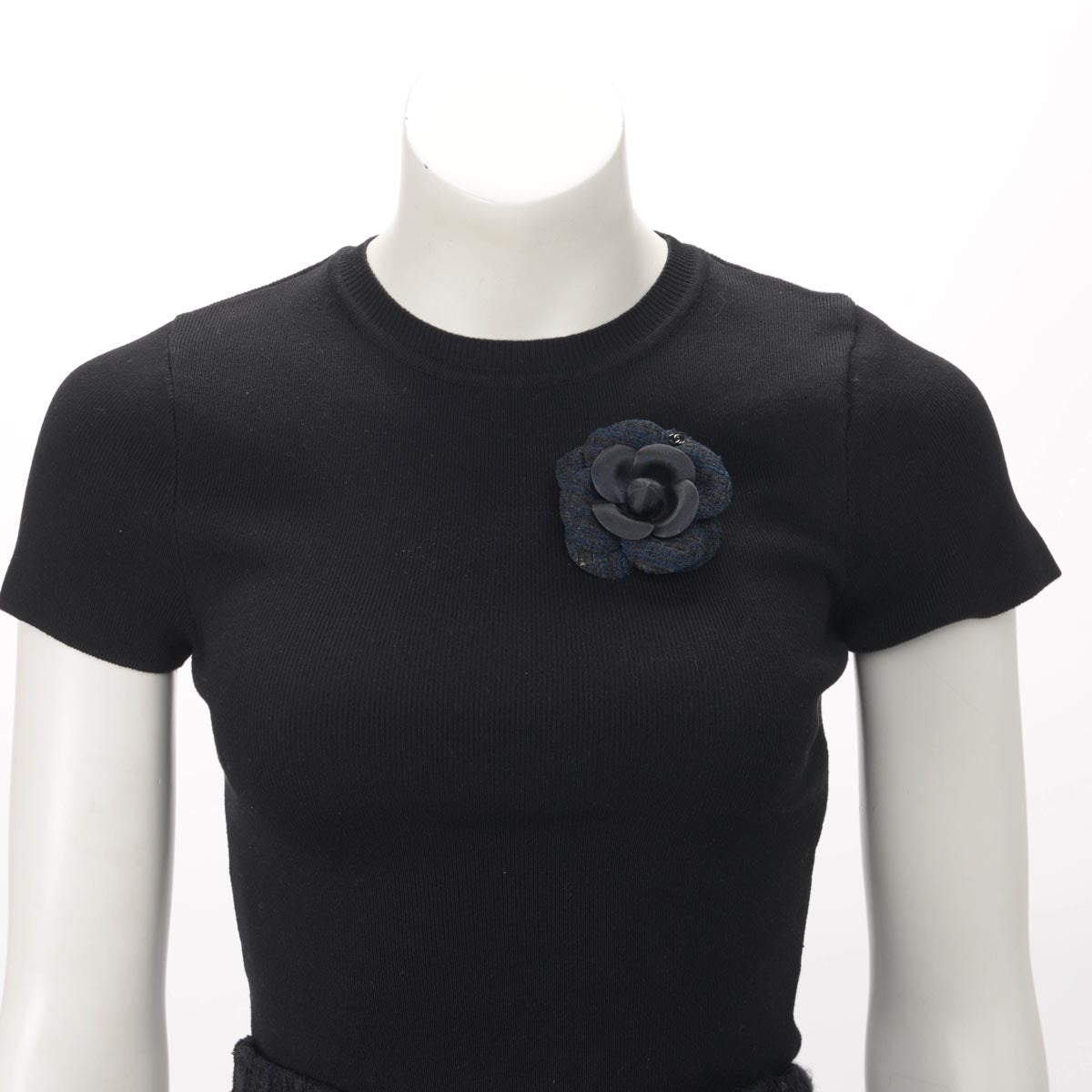 Chanel Navy & Black Tweed Camellia Brooch