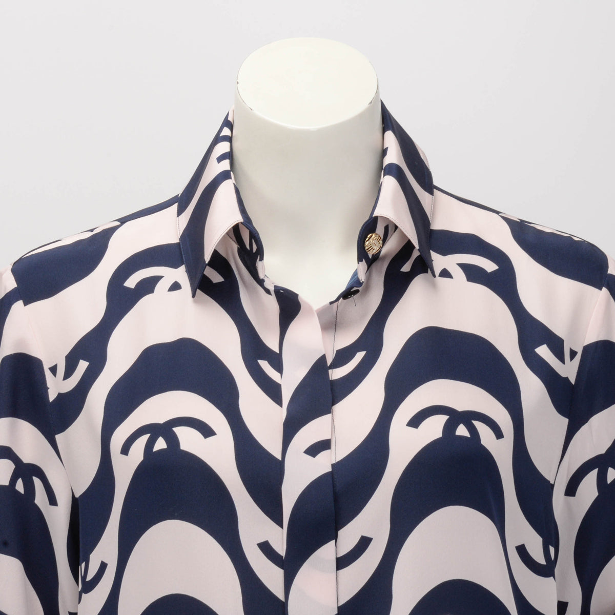 Chanel Pink & Navy Silk CC Wave Print Shirt FR 38