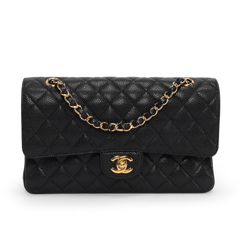 Chanel Black Quilted Caviar Medium Classic Flap Bag - Blue Spinach