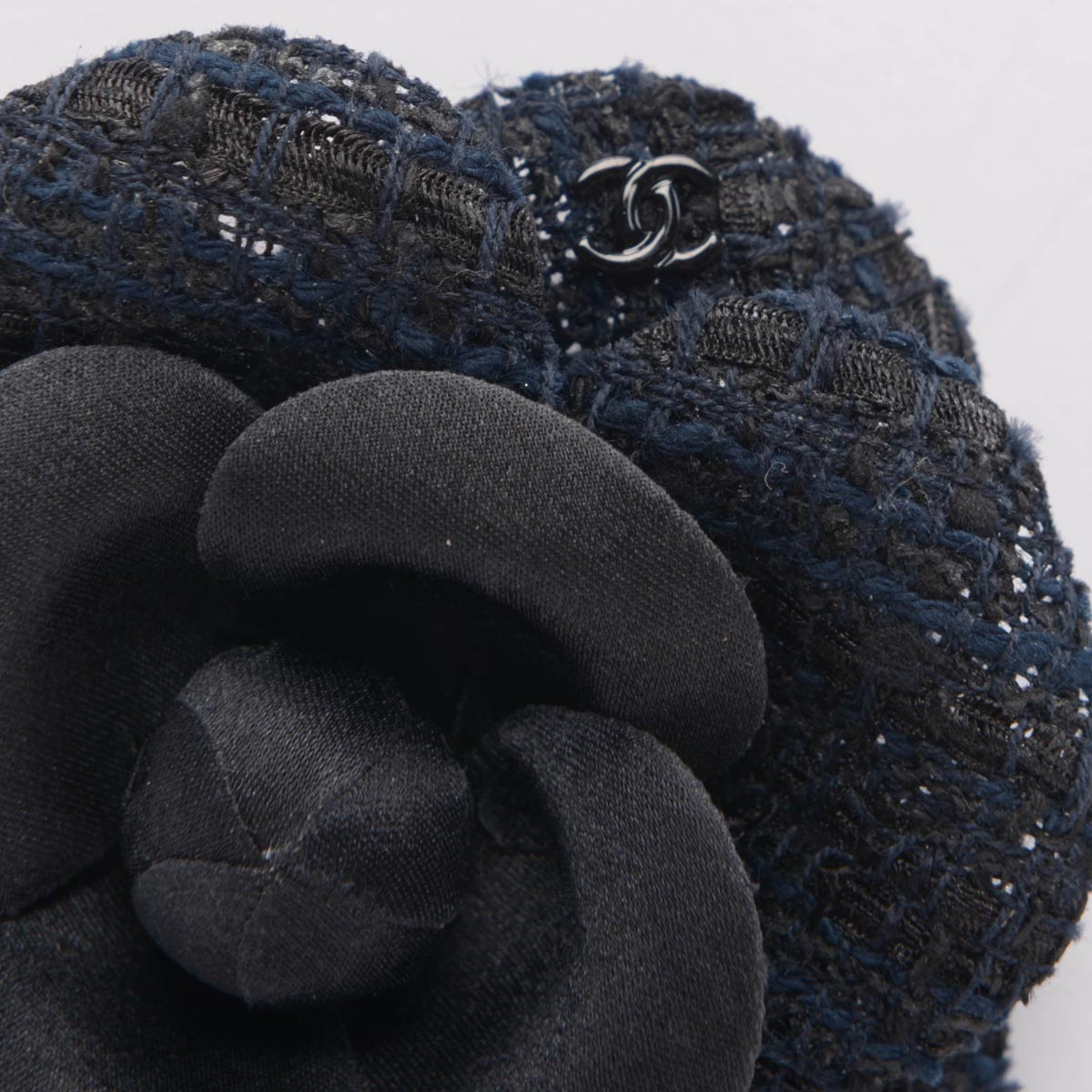 Chanel Navy & Black Tweed Camellia Brooch