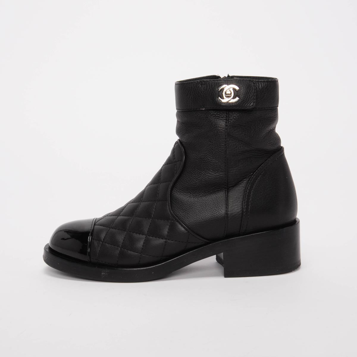 Chanel Black Calfskin & Patent Cap Toe Ankle Boots 36