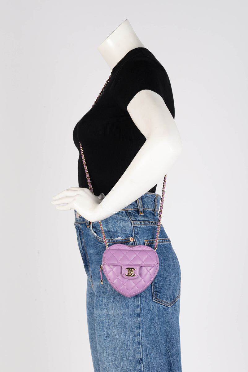 Chanel Purple Quilted Lambskin Small Heart Clutch With Chain