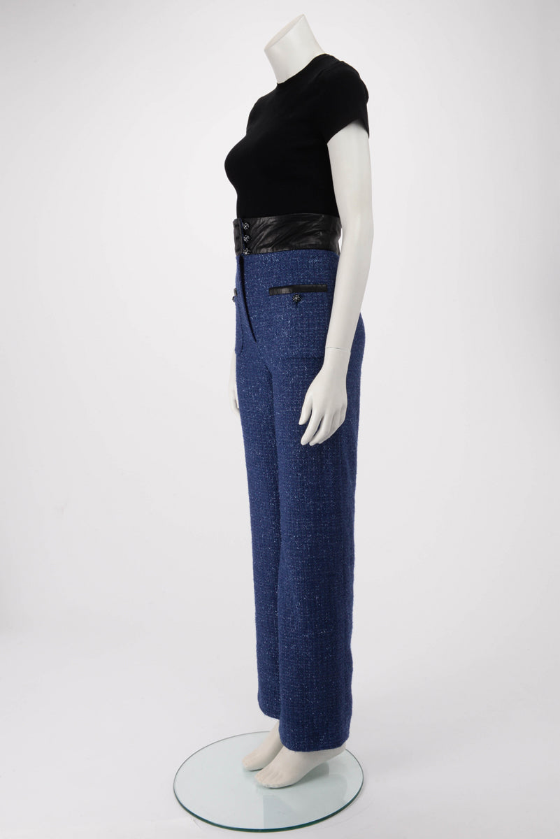 Chanel Blue Glitter Tweed & Leather Wide Leg Pants FR 34