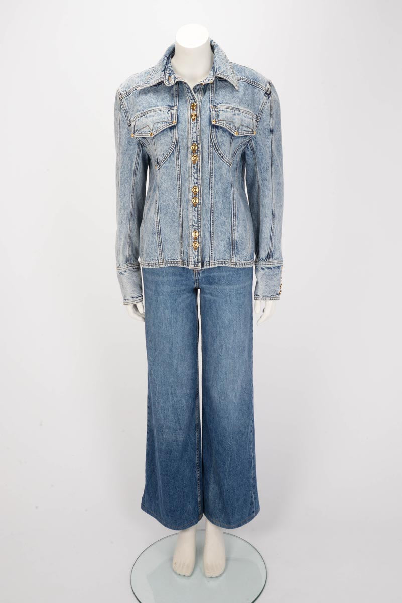 Balmain Blue Distressed Denim Shirt Jacket FR 40