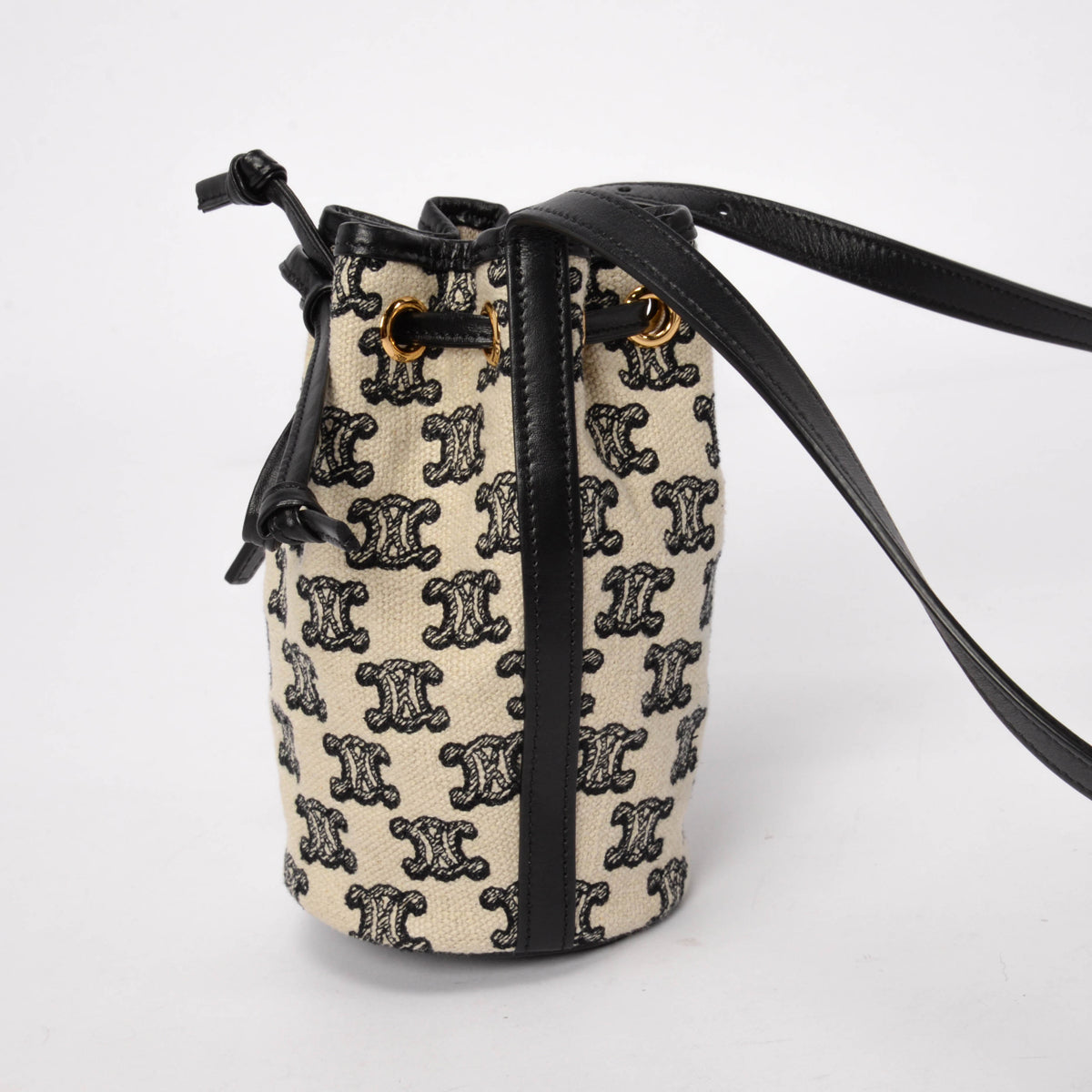 Celine Ecru & Black Triomphe Canvas Micro Drawstring Bucket Bag