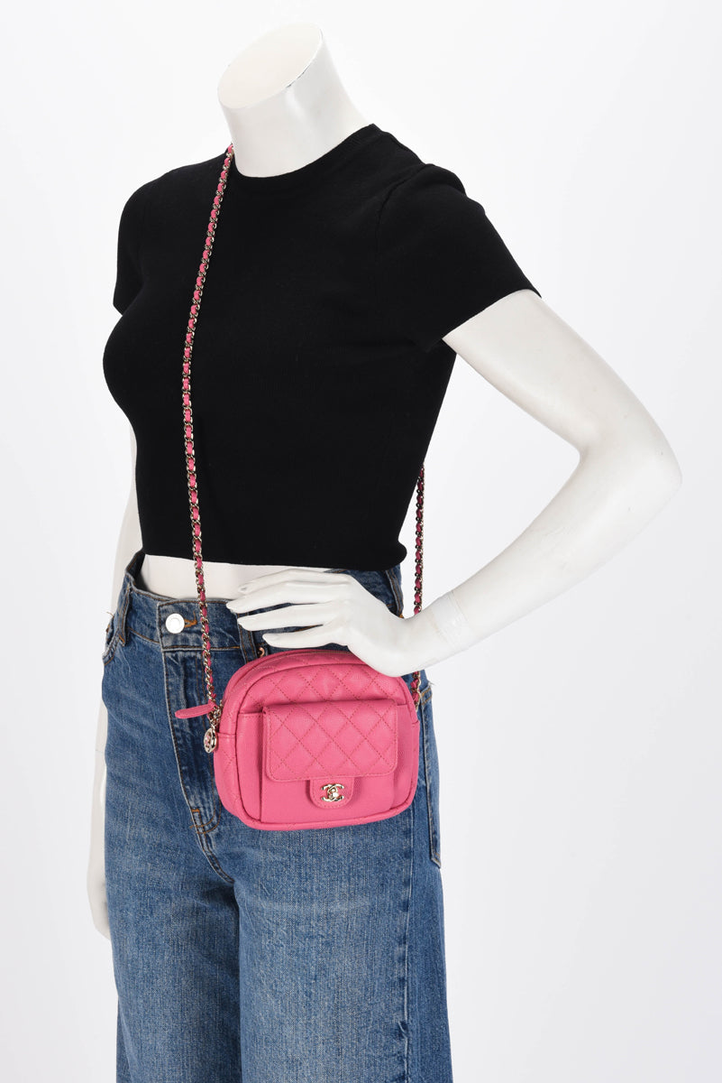 Chanel Pink Quilted Caviar CC Day Camera Case