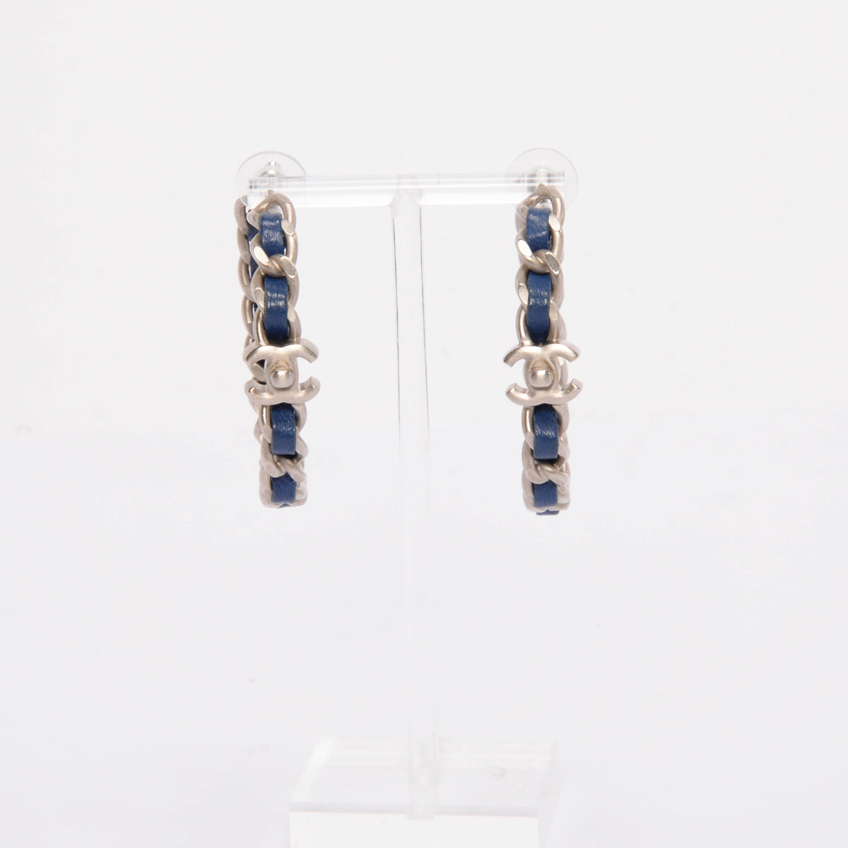 Chanel Blue Leather CC Turnlock Chain Hoop Earrings