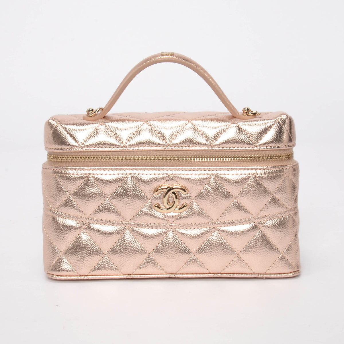 Chanel Rose Gold Quilted Caviar Top Handle Slim Vanity Case