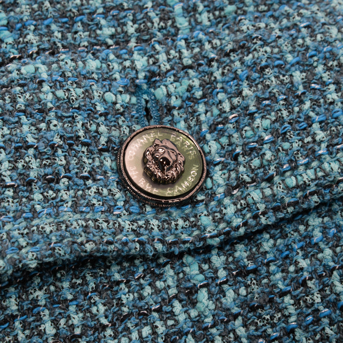 Chanel Turquoise Tweed Lion Button Jacket FR 38