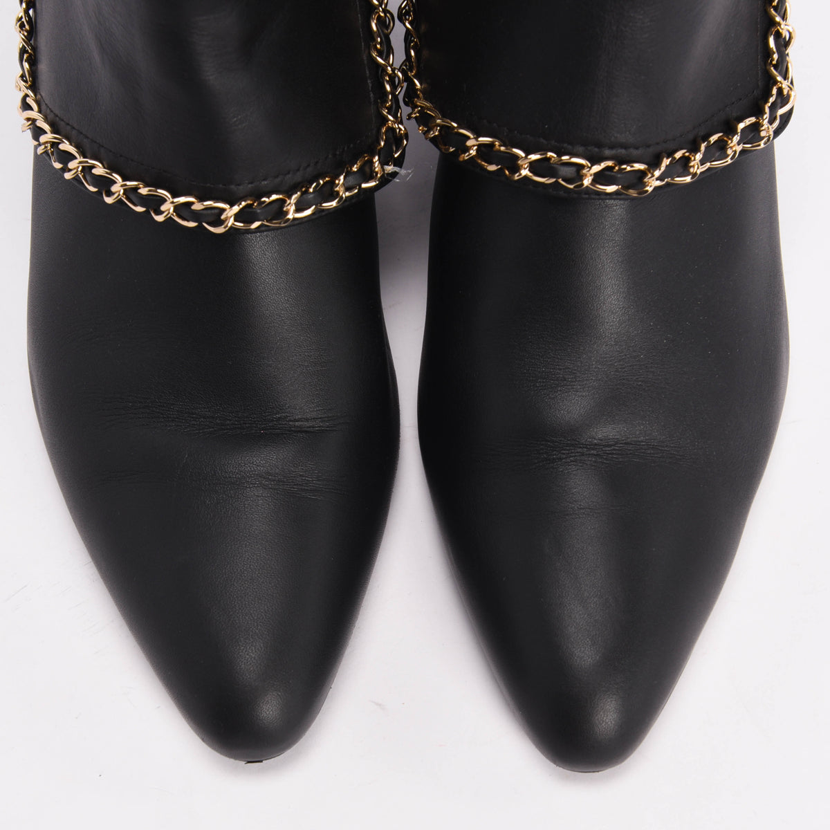 Chanel Black Calfskin Knee High Chain Trim Boots 40.5