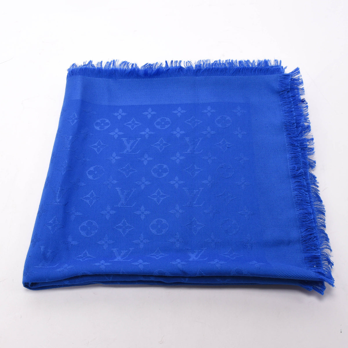 Louis Vuitton Blue Silk & Wool Monogram Classic Fringed Shawl