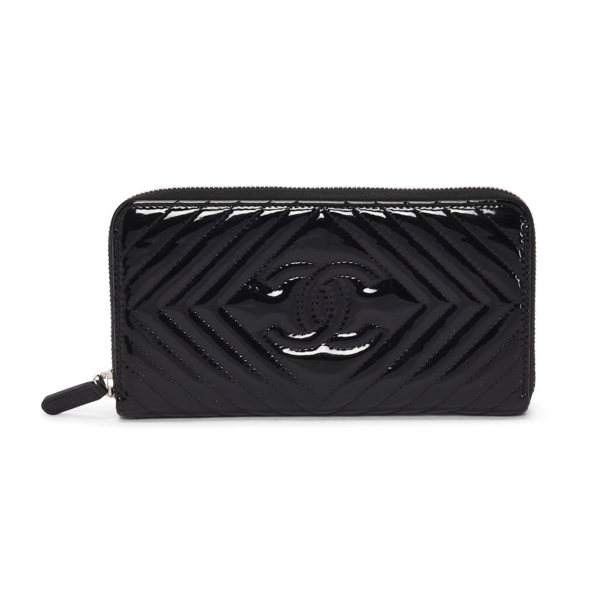 Chanel Black Chevron Patent CC Zip Around Wallet