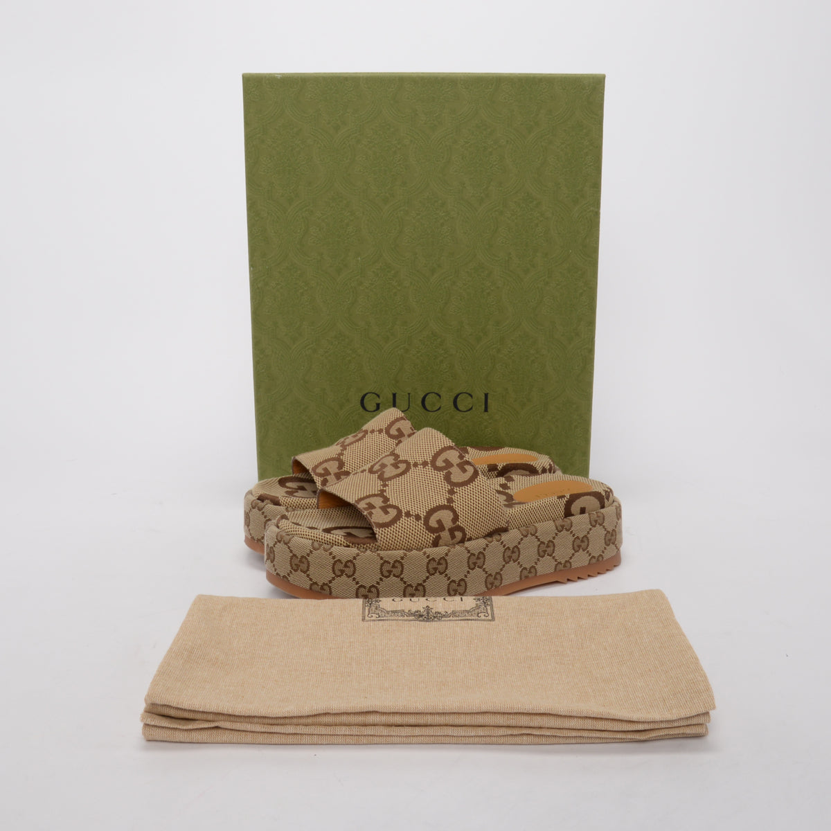 Gucci Beige GG Canvas Platform Slide Sandals 38