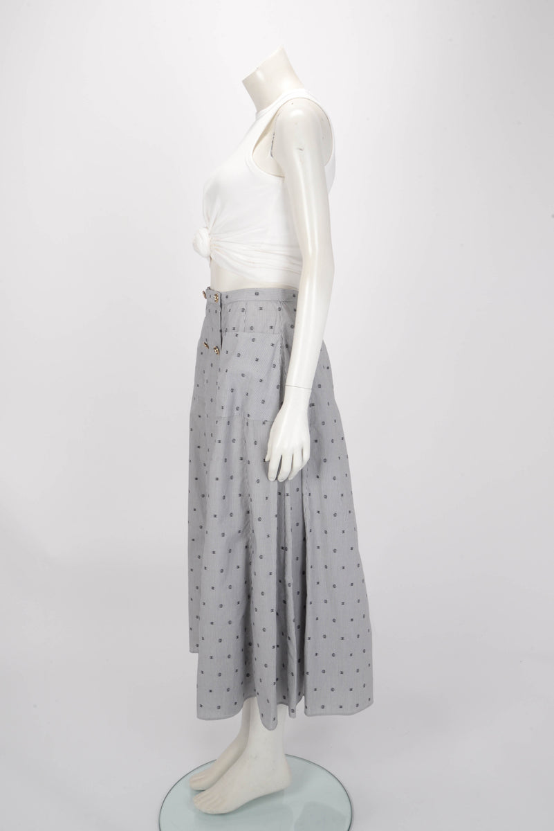 Chanel Blue Cotton CC Camelia Pinstripe Wrap Skirt