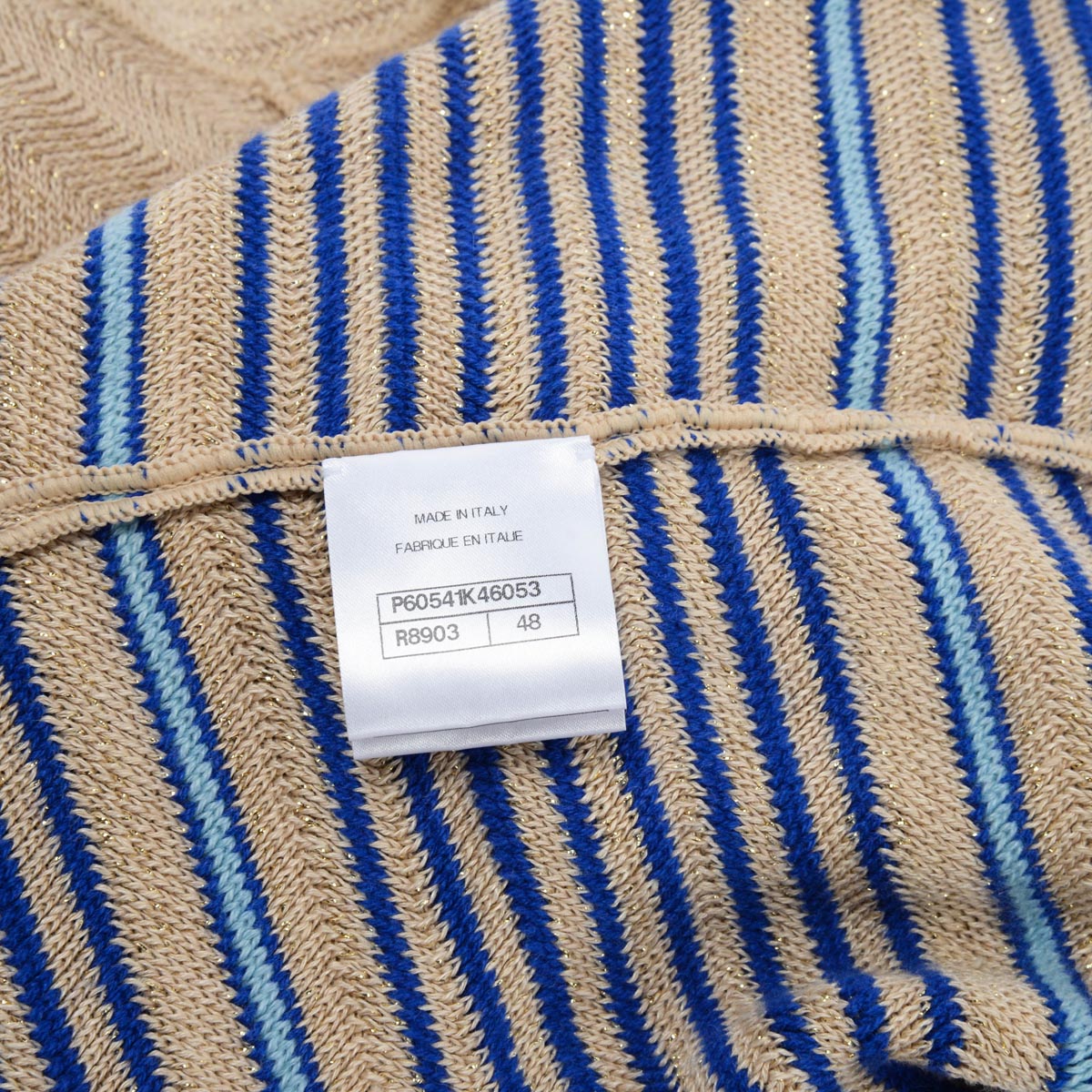 Chanel Beige & Blue Metallic Knit Striped Cardigan FR 48